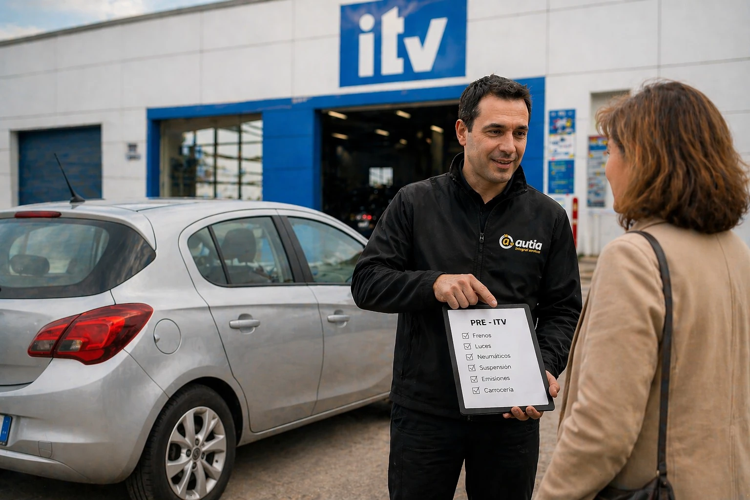 Cliente y asesor técnico en la entrada de ITV